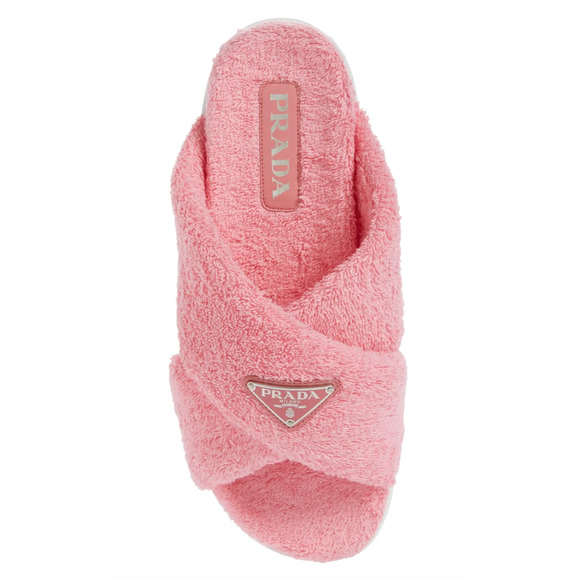 Prada Terry Pink Triangle Logo Criss Cross Strap Slide Sandal Flip Flop 40.5 - Picture 6 of 12